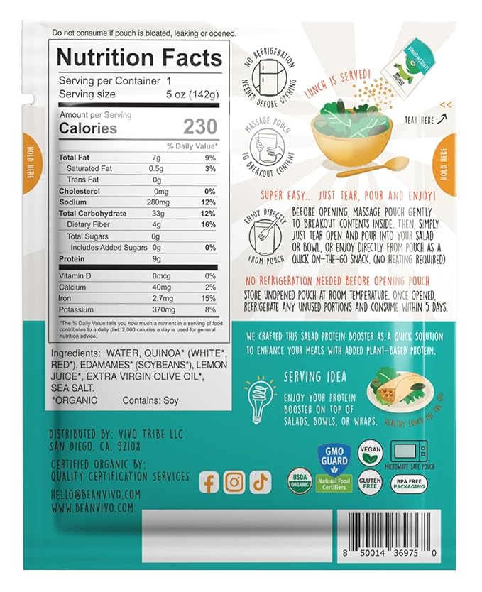 BeanVIVO 3-Pack Salad Protein Booster - Organic cooked Edamame & Quinoa Hint of lemon delivering a burst of taste and 9g of protein-packed goodness in every pouch 5oz