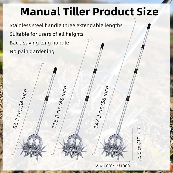 Rotary Cultivator, Adjustable Hand Tiller Garden Tool with Detachable Solid Metal Tines for Loosing and Mixing Soil,2-in-1 Manual Tiller Garden Cultivator for Reseeding Grass 58 Inch