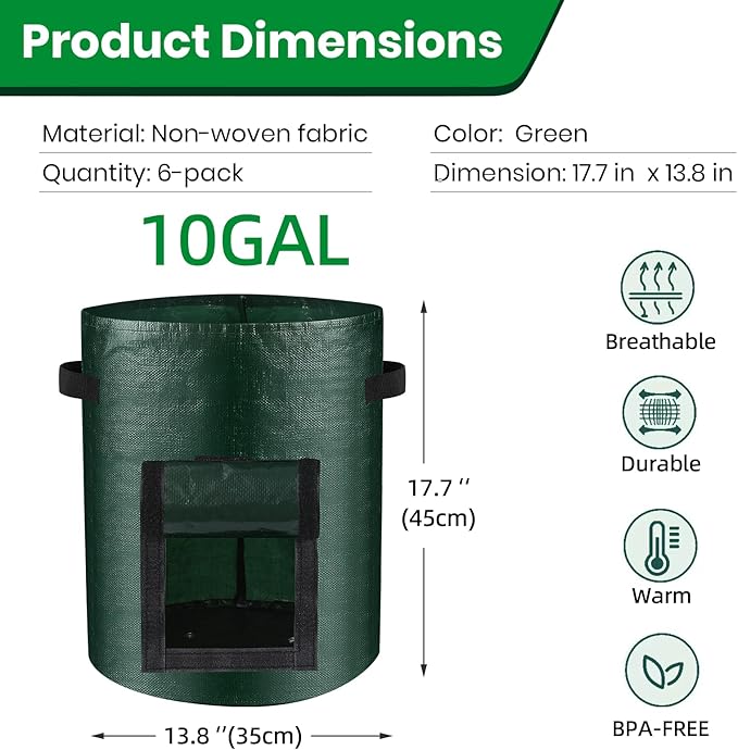 BIJOKETTEN 6-Pack 10 Gallon Grow Bags, 120g Plant Pots with Handles and Flap, Lightweight PE Growing Bag for Vegetable Tomato Potato Flowers Mushroom Planting, Indoor/Outdoor Grow Pots
