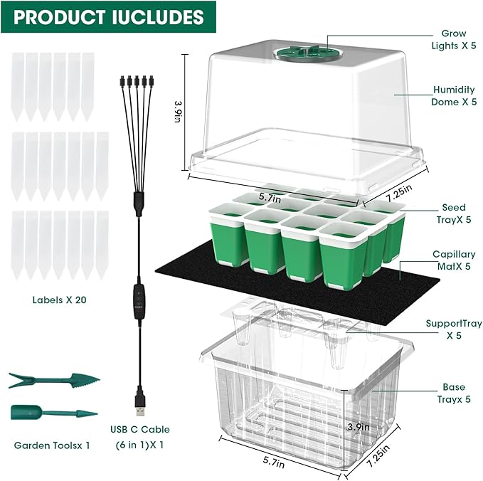 60-Cell Self Watering Seed Starter Tray with Grow Light, 5-Pack Reusable Seed Starter Kit with Soft Silicone, Plant Germination Trays with Humidity Dome for Seeding Planting Growing