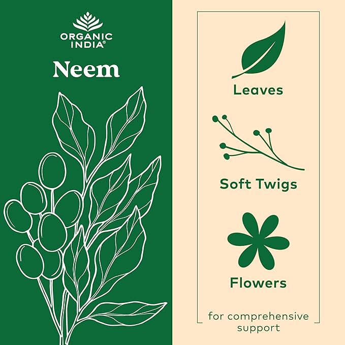 ORGANIC INDIA Neem Leaf Capsules, Herbal Supplement - Supports Skin, Immune, & Liver Health, Detox, Vegan, Gluten-Free, USDA Certified Organic - 180 Capsules
