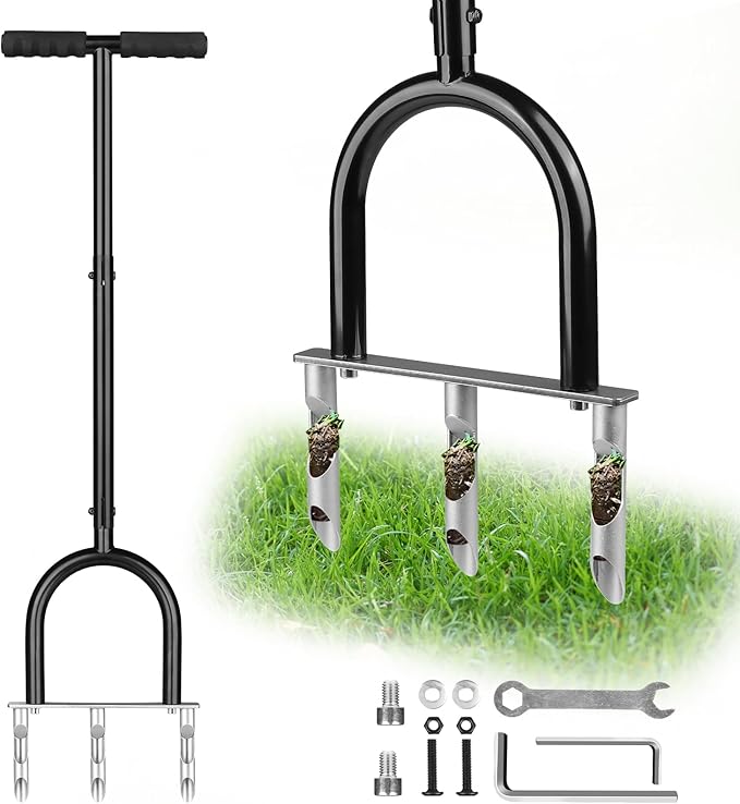 Manual Lawn Aerator Tool, 3 Hollow Tines Plug Lawn Core Aerator, Heavy Duty Hand Soil Aerator Tool with Adjustable Handle, Grass Aeration Garden Tools for Lawn Care, Compacted Soil, Yard