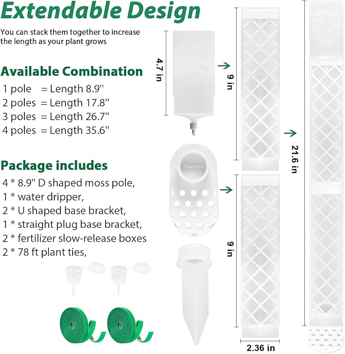 4 Psc 9 Inch D Shaped Moss Pole with Watering Dripper, Plastic Moss Poles for Climbing Plants, Sturdy Monstera Plant Support, Self Watering Moss Pole Kit for Plants Indoor(Translucent)