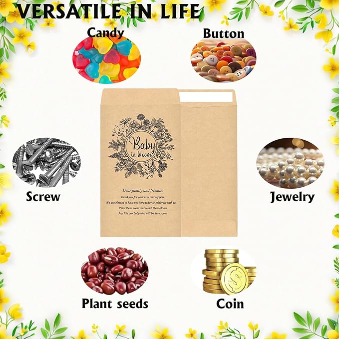100Pcs Baby in Bloom Seed Packet, Wildflower Baby Shower Self Adhesive Envelopes, Small Paper Coin Envelopes Items Stamps Storage Packets for Flower Vegetable Seeds Garden Wedding Gift (Brown*100PCS)