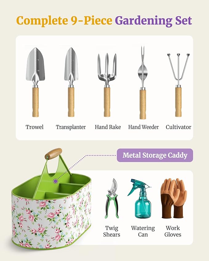 9-Piece Garden Tool Set, Heavy Duty Metal Storage Basket with 4 Compartments, Premium Stainless Steel Gardening Tools with Ergonomic Gardening Kit for Planting, Gardening Gift for Men Women