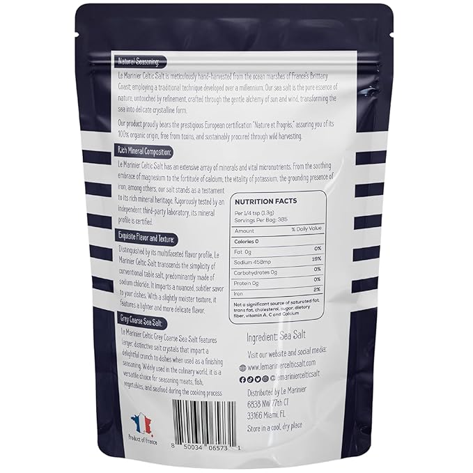 Le Marinier Celtic Salt Organic Grey Coarse, 1.1lb - 18oz Pack of 2. Mineral Rich Unrefined French Sea Salt 100% Natural, Hand Harvested (1.1lb Grey Coarse - Pack of 2)