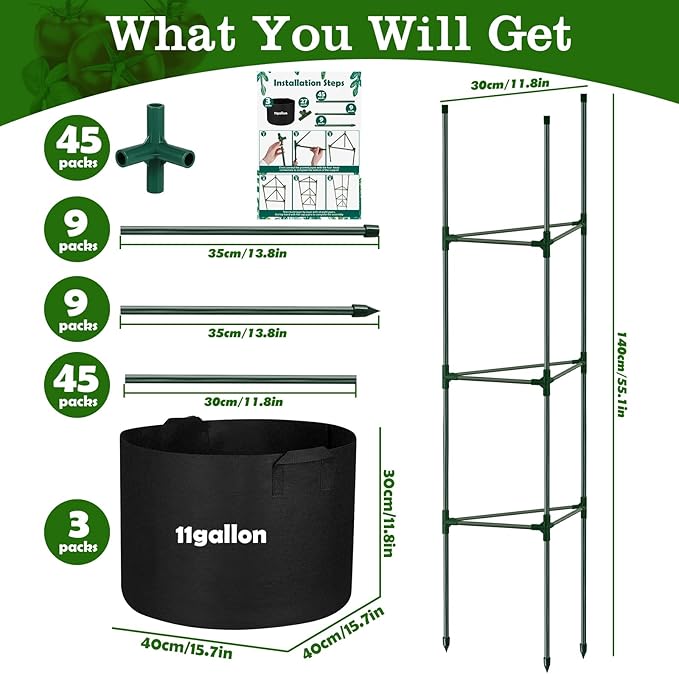 3 Pack Tomato Cages 55 x 12 Inch for Garden with 11 Gallon Round Grow Bags Planter Pots with Heavy Duty Triangle Trellis Plant Stakes Support Frames for Cucumber Vegetables Flowers