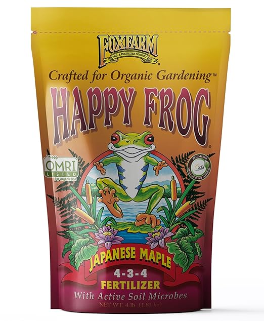 FoxFarm Happy Frog Japanese Maple Fertilizer - Supports Vegetative Growth & Strong Branch Development - 4-3-4 Blend with Soil Microbes & Mycorrhizal Fungi for Low pH Feeders - 4 lb