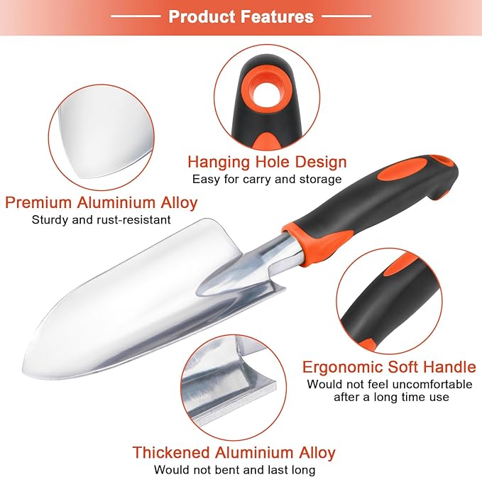 Garden Shovel Garden Hand Trowel, Heavy Duty Hand Shovel with Ergonomic Handle, Small Gardening Tools for Digging, Rust Resistant Gardening Spade Trowel Tools, Orange