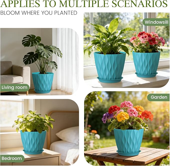 8" Water Wave Plant Pots with Drainage Holes & Saucers, 4 Pack Modern Textured Medium Planters for Indoor Outdoor Plants, Decorative Flower Pots Repotting Set for Flowers, Herbs (Blue)