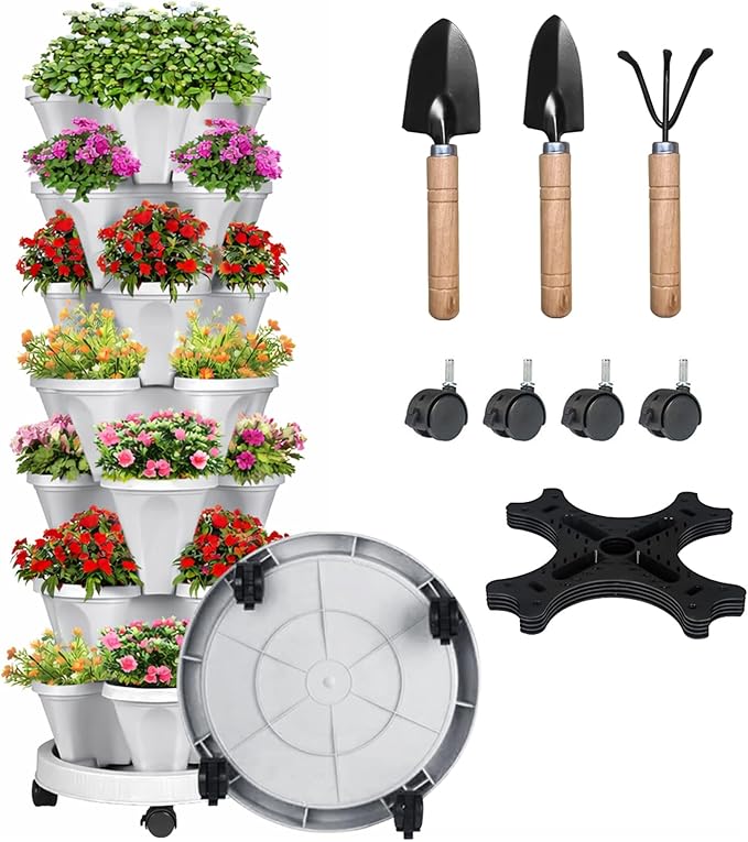 7 Tier Vertical Strawberry Planter-Tower Stackable Herb Planters-Stacking Garden Outdoor Planter Pot with Tools Mover for Flowers, Vegetables and Succulents, Light Grey