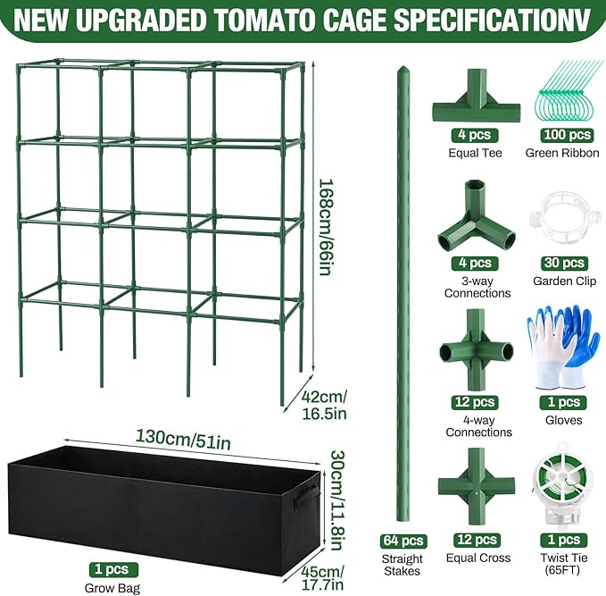 BreezeHug Garden Tomato Cages with 46 Gallon Grow Bags, 66" Height Adjustable Square Plant Support Trellis Large Steel Plant Tower Stakes for Climbing Vegetables Cucumber Squash Pea Flowers Fruits
