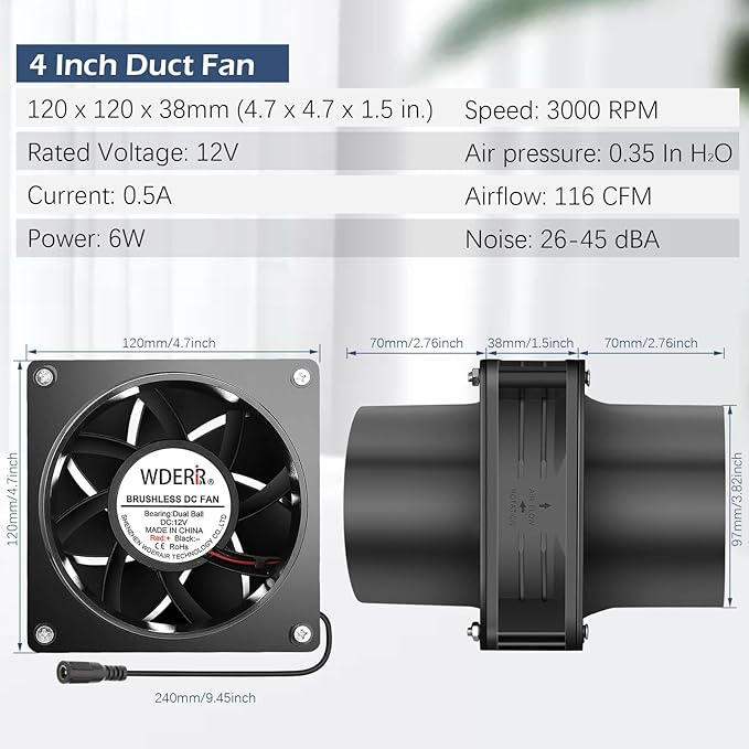 120mm x 38mm 4 Inch Duct Booster Small 12V Exhaust Fan with AC Variable Controller for DIY Paint/Dryer/Smoker/Growtent/3D Laser/Solder Fume Extractor-D1238
