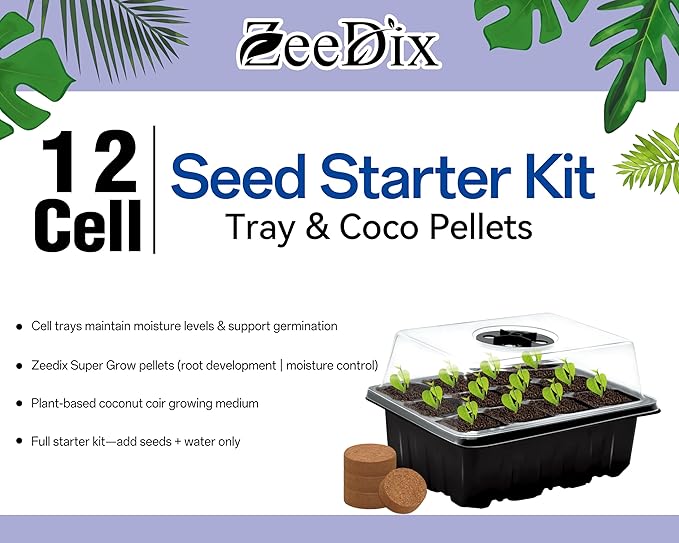 ZeeDix 10 Pack Seed Starter Trays Kit with 120 PCS Coco Pellets, Base Tray for Indoor Planting, Mini Greenhouse Germination System for Herbs Vegetables Gardening Supplies(120 Cells Total Tray)