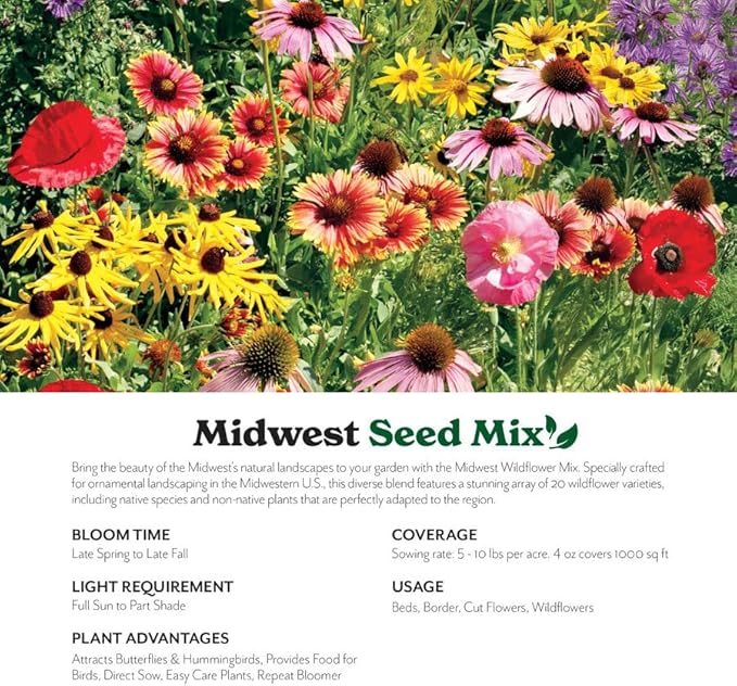 Grow Your Own Vibrant Annual and Perennial Wildflower Garden Seeds Mixture, Varieties for Pollinators and Spring Gardens - Midwest Regional Mix, 25 lbs