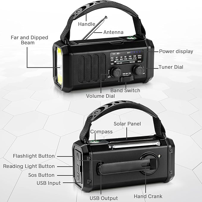 Leaton Emergency NOAA Weather Radio, 10000mAh/37000mWh,Solar Hand Crank Radio with AM/FM, Flashlight & Reading Light, Rechargeable Battery,SOS Alarm, for Valentines Day Gifts Indoor Outdoor Emergency