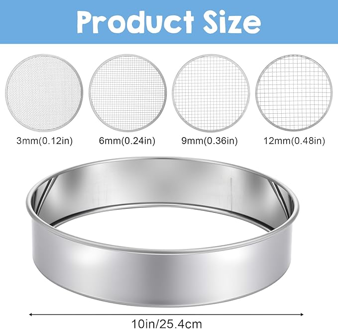 4 PCS Sifter for Rocks, 10 Inch Soil Sifter for Gardening with 3, 6, 9, 12 mm Stainless Steel Sifting Screen Round Rock Crusher for Sifting Sand, Soil, Stones Compost and Cat Litter