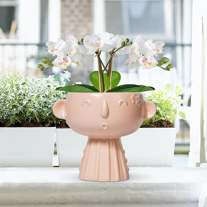 Face Flower Pots - 7 Inch Ceramic Pots for Plants Indoor Outdoor, Decorative Head Planter, Small Cute Succulent Planters with Drainage Hole, Room House Decor, Gifts for Plant Lover, Matte Pink