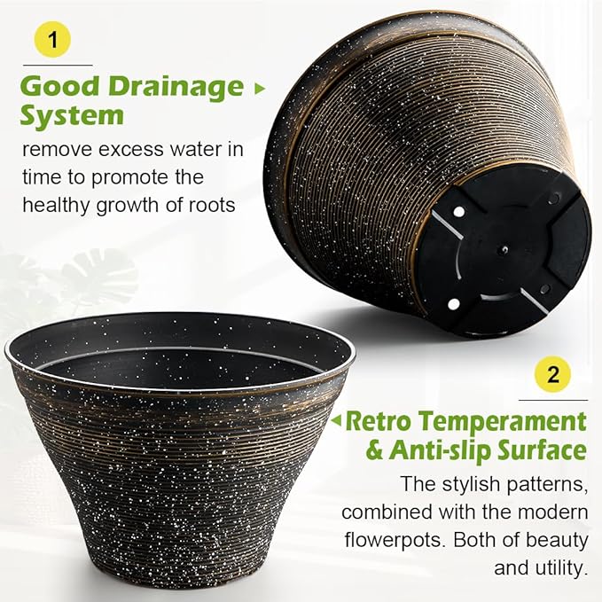 15.7 Inch Plant Pots 4 Pack, Large Planter Pots for Plants Indoor Outdoor, Sturdy Plastic Flower Pots with Drainage Hole, Retro Decorative Garden Pots, Plant Containers for House, Black