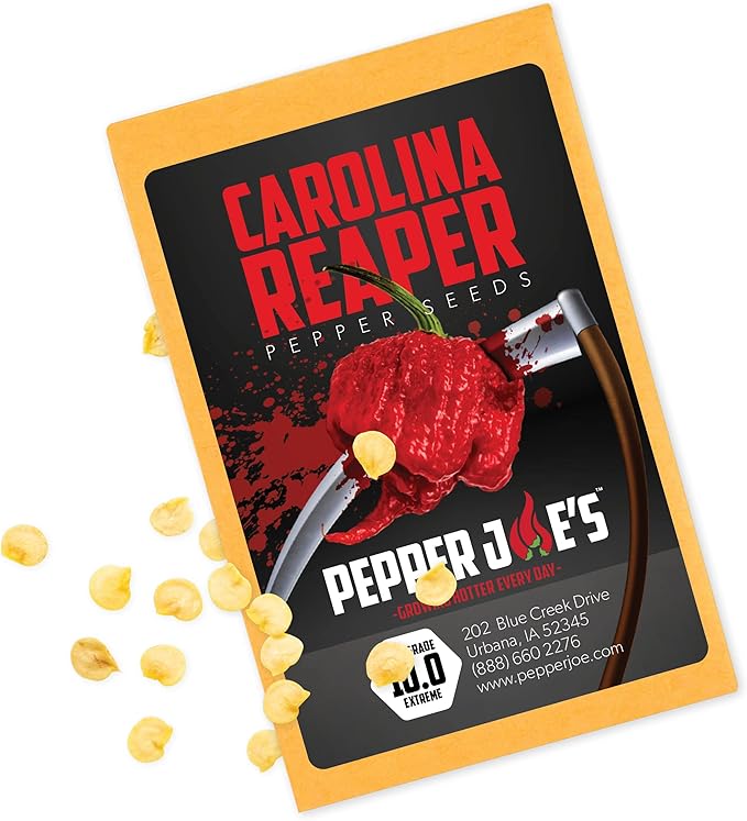 Pepper Joe’s Carolina Reaper Seeds – Pack of 10+ World’s Hottest Chili Pepper Seeds – USA Grown – Premium Non-GMO Carolina Reaper Seeds for Planting