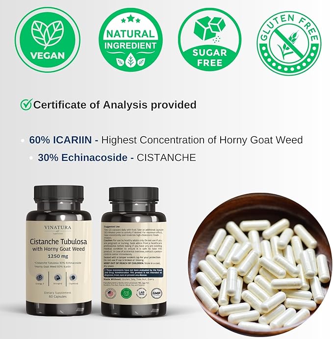VINATURA Cistanche with Horny Goat Weed 60% Icariin - 1250mg per Serving, Cistanche Tubulosa, Cistanche Supplement Men, Energy, Strength Cognitive *USA Made and Tested* - 60 Capsules 30 Servings