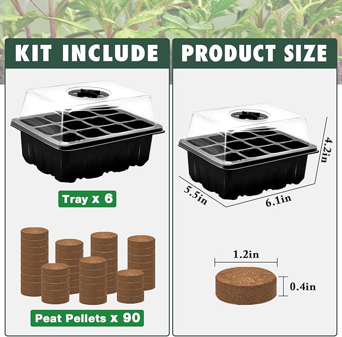 ZeeDix Seed Starter Kit, 6 Pack Seed Starter Trays with 90 PCS Coco Pellets, Base Tray for Indoor Planting, Mini Greenhouse Germination System for Herbs Vegetables Gardening Supplies(72 Cells)