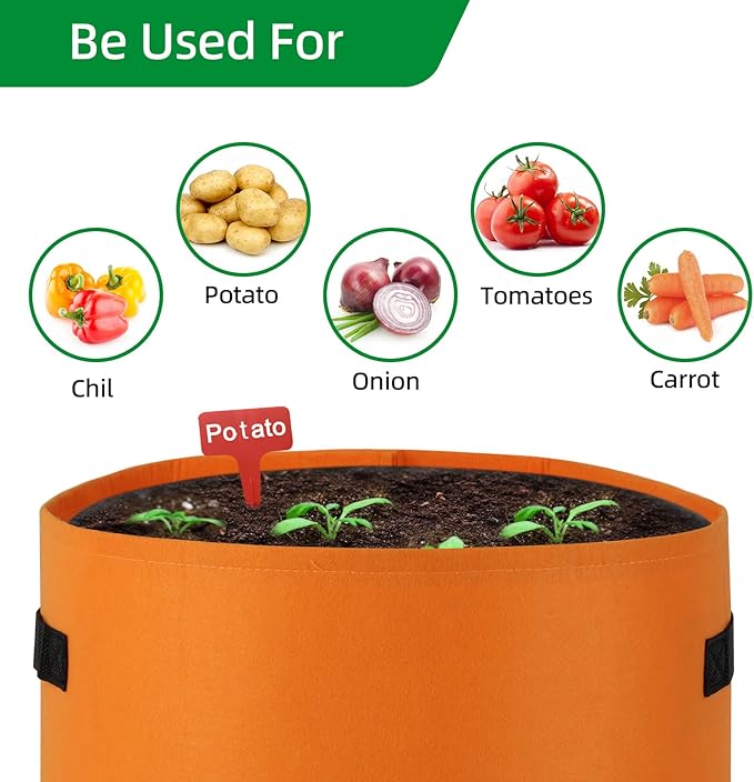 6 Pack 10 Gallon Potato Grow Bags, Thickened Nonwoven Fabric Planting Bags with Flap for Growing Tomatoes, Fruits, Herbs, Orange