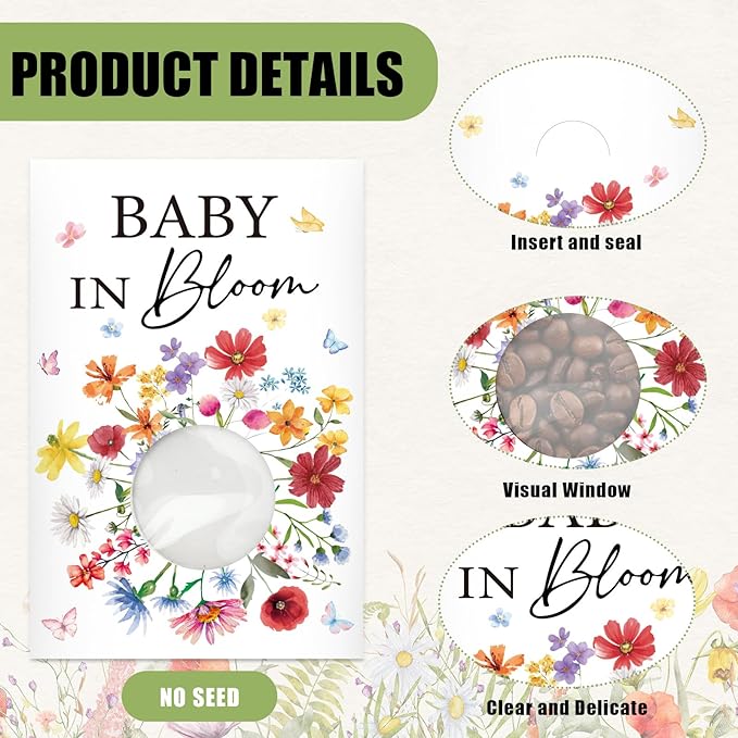 JarThenaAMCS 50 Pack Baby Shower Party Favor Wildflower Baby in Bloom Seed Packet Envelopes Kraft with Clear Window Resealable Seed Organizer Storage Bag for Guest Gender Reveal Party(Colored Flowers)