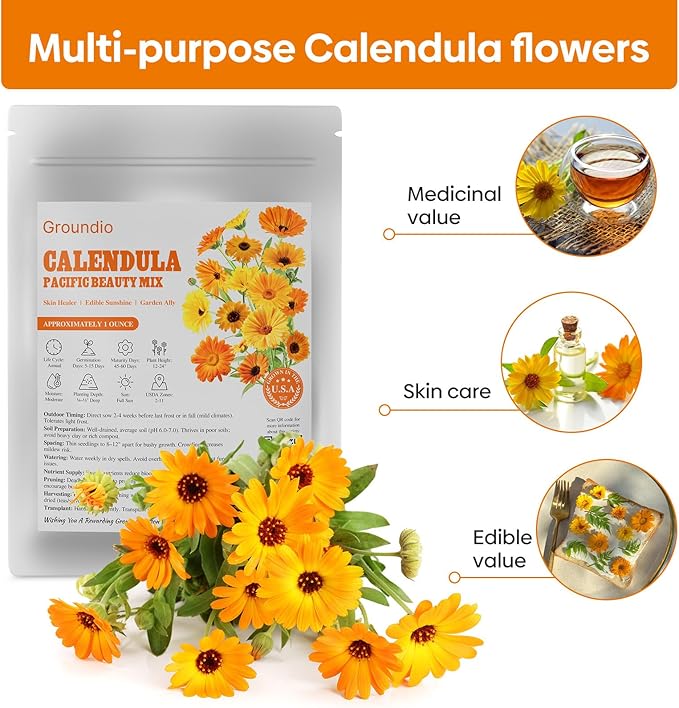 Groundio Calendula Seeds Pacific Beauty Mix, 3000+ Calendula Officinalis Seeds, Open Pollinated Non-GMO Wildflower Seed Grown in The USA, 1 Ounce