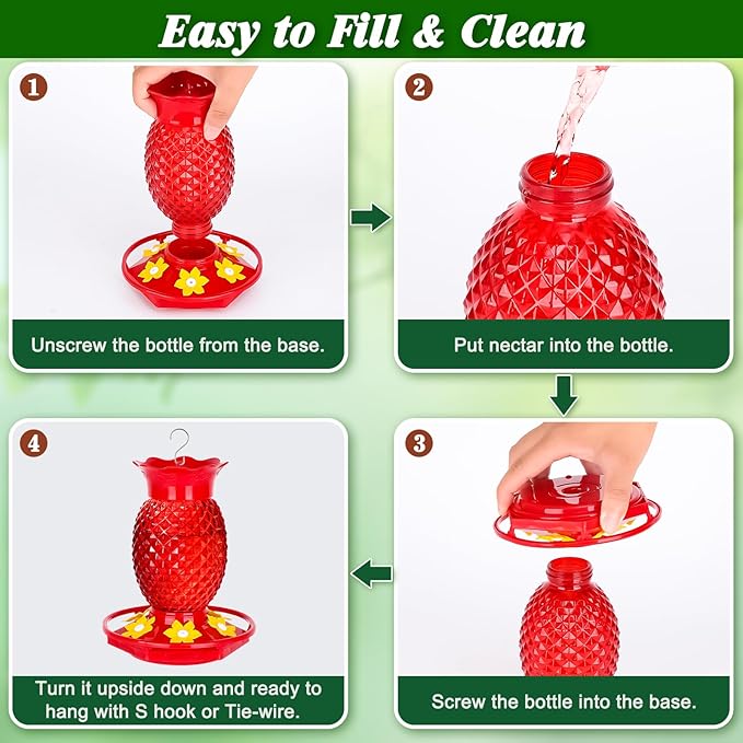 Fchstaer Glass Hummingbird Feeders for Outdoors Hanging Ant and Bee Proof 16OZ 1 Pack Red Pineapple Humming Bird Feeder with 6 Feeding Ports and Ant Moat Hummingbird Gifts for Women Garden Decor