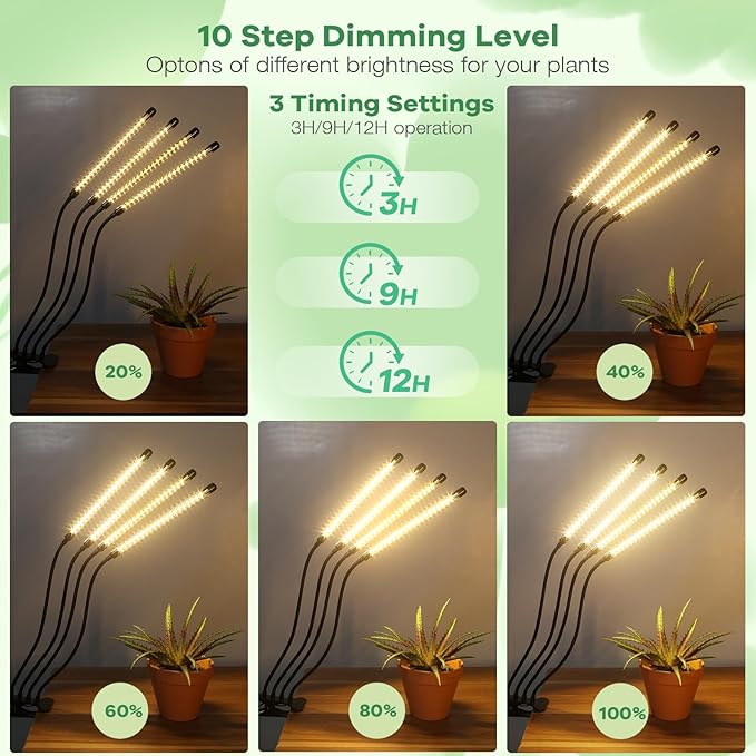 Led Grow Lights, 4 Heads Full Spectrum Plant Light with Clamp for Indoor Plants & Seed Starting, 10-Level Dimmable, Auto On Off, Timing 3 9 12Hrs