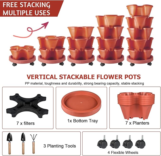 7 Tier Vertical Strawberry Planter-Tower Stackable Herb Planter Stacking Garden Planters Pot Outdoor with Tools Mover for Growing Flowers, Vegetables and Succulents, Red