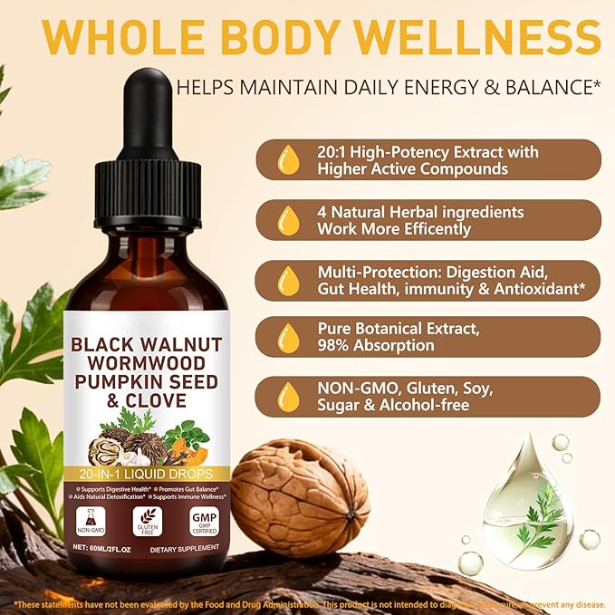 Wormwood Black Walnut Clove Cleanse drop For Humans Elimination, 20-in-1 Potent Herb Complex W/ Garlic/Oregano/Pumpkin Seed/Milk Thistle for Microbiome Balance, Antioxidant, Raspberry Flavor|2 Fl Oz