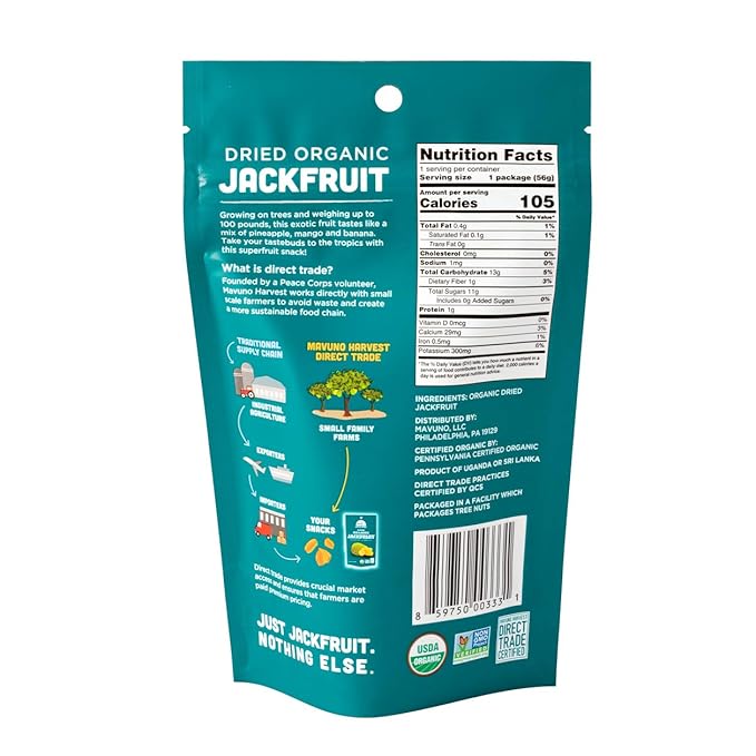 Mavuno Harvest Jackfruit Dried Fruit Snacks | Unsweetened Organic Dried Jackfruit Chips | Gluten Free Healthy Snacks for Kids and Adults | Vegan, Non GMO, Direct Trade | 2 Ounce, Pack of 3