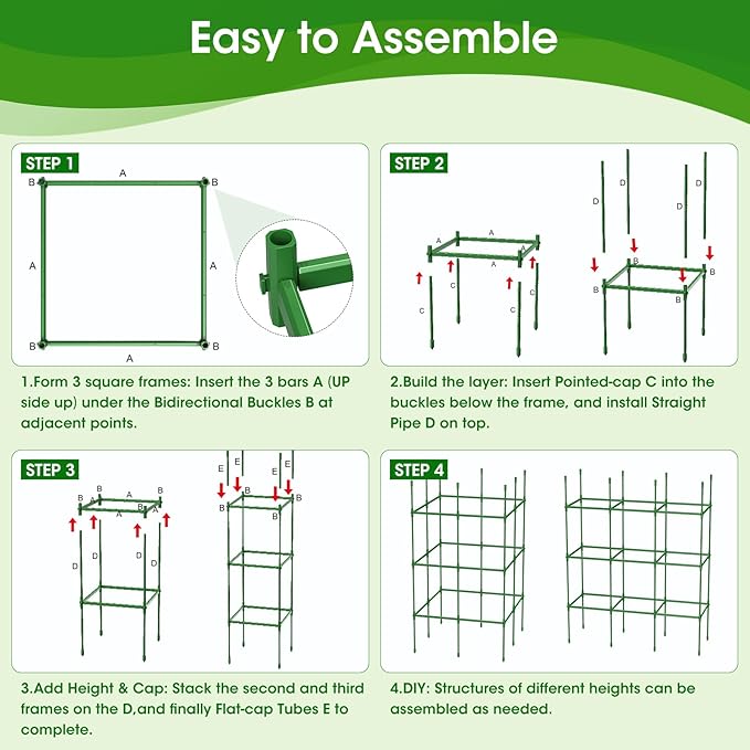 6 Pack Tomato Cages for Garden, Up to 55Inch Square Tomato Plant Cage, Upgraded Octagonal Connector, Heavy Duty Adjustable Tomato Stake Support for Garden Climbing Vegetables Flowers Fruits