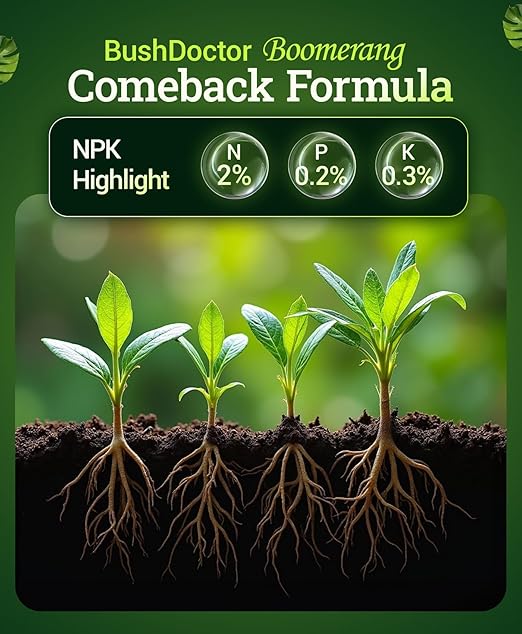 FoxFarm Bush Doctor Boomerang - 2-0.2-0.3 Comeback Formula - Microbial-Based Liquid Plant Fertilizer for Root Zone Support, Immediate Nutrient Uptake - Helps Plants Recover from Abiotic Stress-1 Quart
