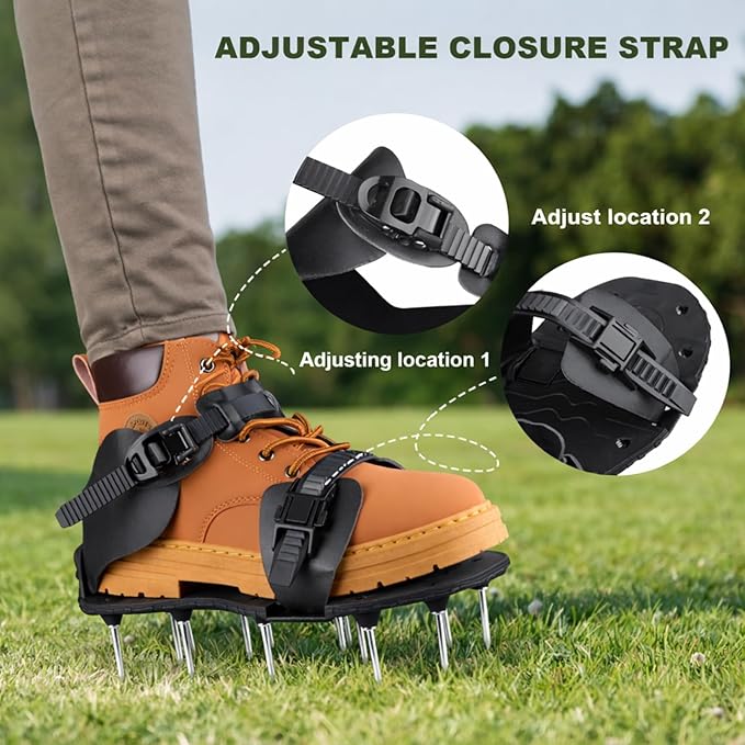 Aeration Shoes for Lawn, Lawn Aerator Shoes for Grass, Stainless Steel Spikes Aerator Lawn Shoes with Adjustable Straps for Patio/Yard/Garden for Easy Yard Aeration (Black)