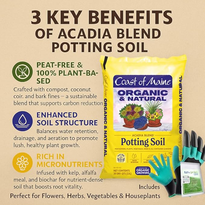 Coast of Maine AC3501 Acadia Peat-Free Potting Soil 40 qt with My Garden Pool 7-in-1 Soil Test Strips, 20 ct. and Claw Gardening Gloves