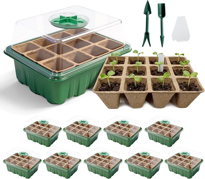Seed Starter Tray Kit 10 Pack, Seed Starting Trays with Humidity Dome (120 Cells Total), Plant Germination Trays Complete Mini Greenhouse for Seed Growing & Seedlings