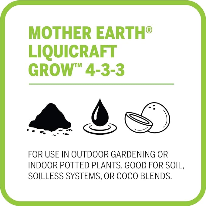 Mother Earth Products Mother Earth LiquiCraft Grow 4-3-3 Liquid Plant Fertilizer for Vegetative Plants, Flowers and Tomatoes, Quart