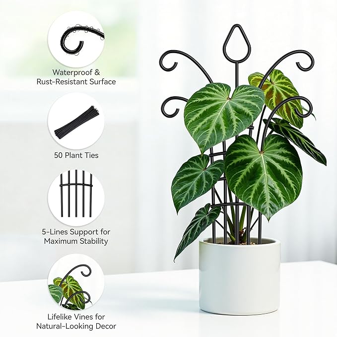 4 Pack Small Plant Trellis for Potted Plants，Metal Indoor Plant Trellis for Climbing Plants，Matte Black Mini Trellis Support with 5-Prong Base & 50 Ties, for Pothos Hoya Ivy, Gift for Plant Lovers