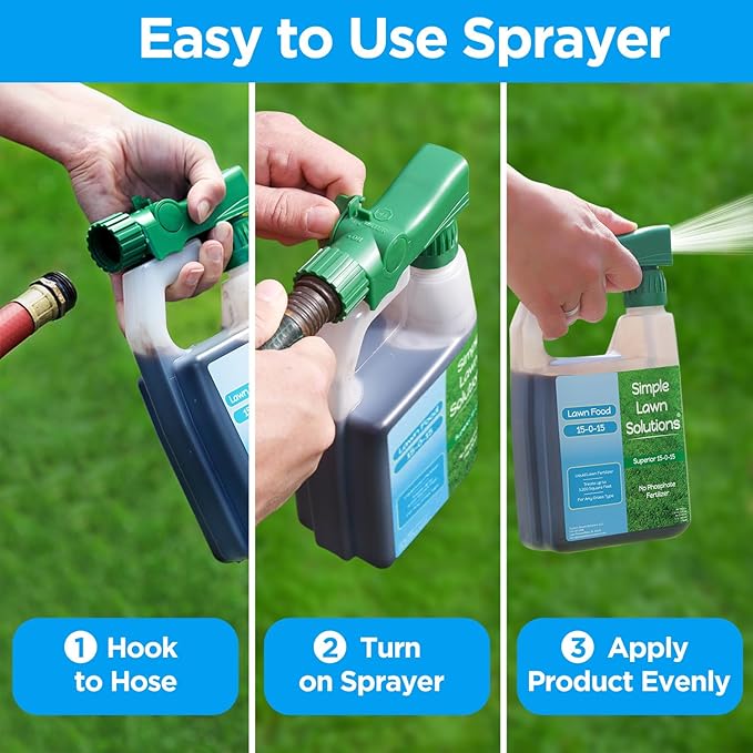 Superior 15-0-15 Liquid Lawn Fertilizer - Lawn Food for Growth & Green - Nitrogen, Potassium, Humic, Fish & Seaweed - Any Grass Type- Simple Lawn Solutions - All Season- Attached Sprayer (32 Ounce)