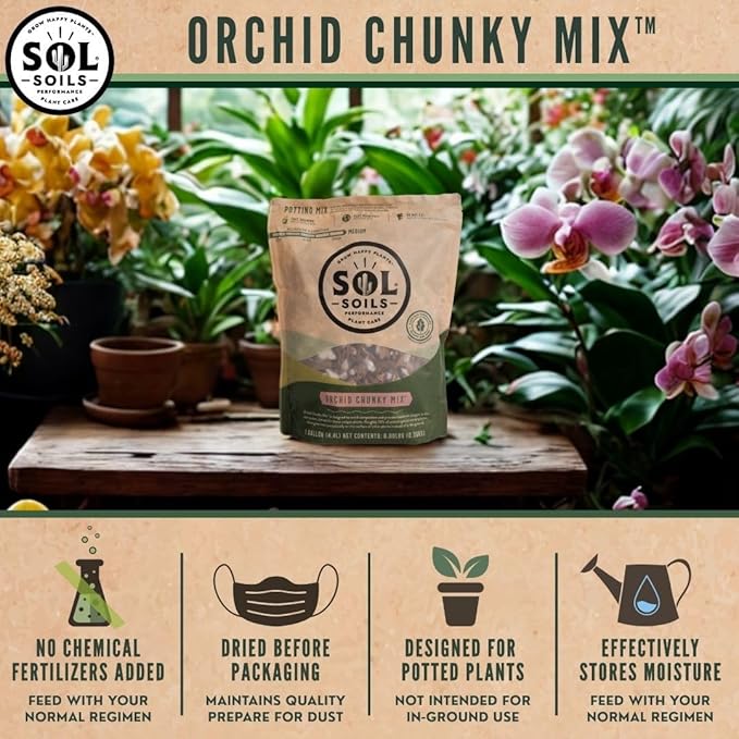 Sol Soils Chunky Orchid Potting Mix - 100% Peat-Free, Lightweight, and Aerated with Coconut Husk, Perlite & Recycled Forest Products for Fast Draining, Healthy Orchids - 2 Quarts