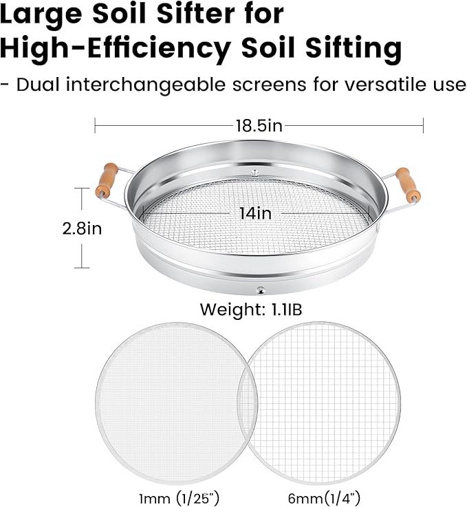 Stainless Steel Soil Sifter with Wood Handle - 14 Inch Large Garden Sieve & Compost Screen Pan for Dirt, Rocks, Gravel & Sand - 2 Heavy Duty Rustproof Replaceable Meshes (1mm & 6mm)