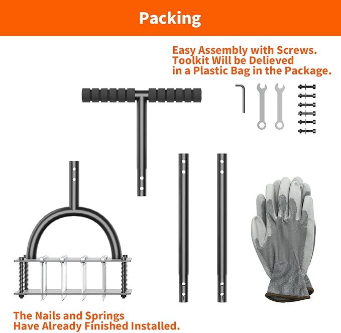 Lawn Aerator Tool (Pre-Assembled), 16 Iron Spikes with Spring-Loaded Auto Cleaning, Ergonomic T-Handle, Manual Grass Aerators for Lawn, Yard, Garden Soil Loosening & Aeration, Gloves Included (Black)