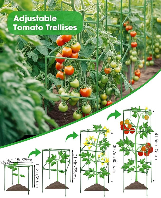6 Pack Tomato Cage, Square Tomato Cages for Garden, Plant Trellis for Pots, Raised Garden Bed, Plant Support Stakes- 20 Clips Included