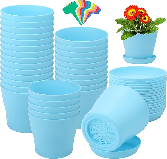 Aodaer 24 Pack 4 Inch Plastic Planters with Multiple Drainage Holes and Tray Indoor Outdoor Flower Plant Nursery Pots with Labels Flower Seedling Pots for Herb Garden Home Succulents, Blue