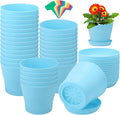 Aodaer 24 Pack 4 Inch Plastic Planters with Multiple Drainage Holes and Tray Indoor Outdoor Flower Plant Nursery Pots with Labels Flower Seedling Pots for Herb Garden Home Succulents, Blue