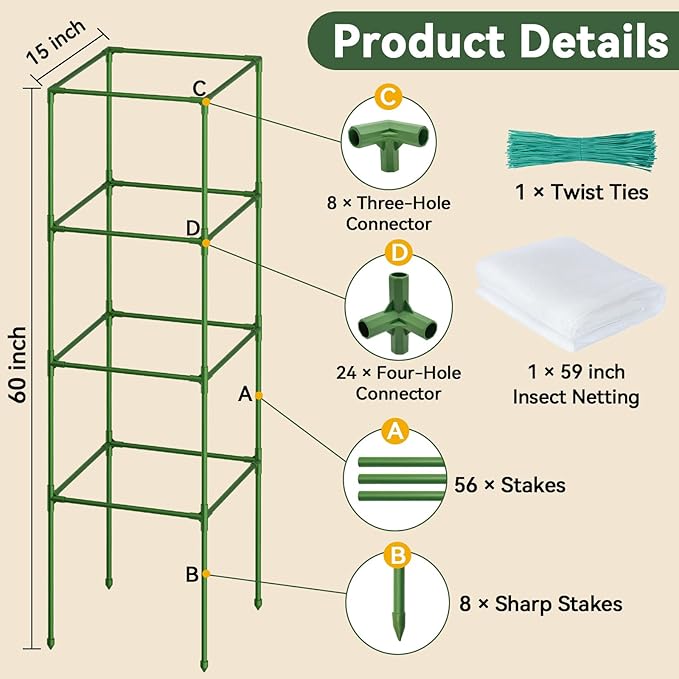 Halatool Square Tomato Cages Heavy Duty,60 Inch Foldable Metal Tomato Trellis,Large Tomato Plant Cage for Climbing Vegetables, Fruits & Flowers for Garden,2 Pack