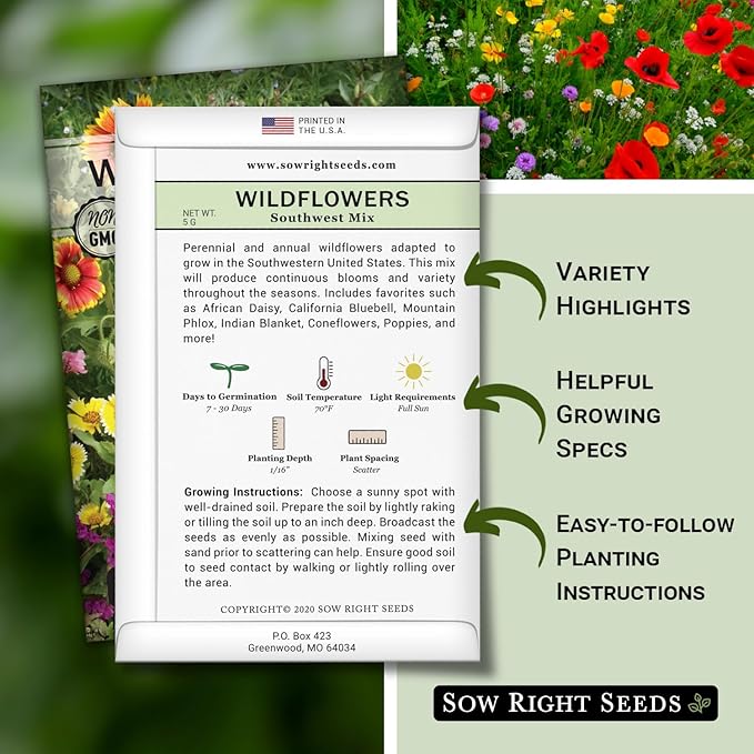 Sow Right Seeds - Wildflowers Seeds Mix for Planting in Southwest - Non-GMO Heirloom Varieties to Grow a Wild Flower Garden - Perennial and Annual Flowers to Attract Pollinators - Colorful Blooms (1)